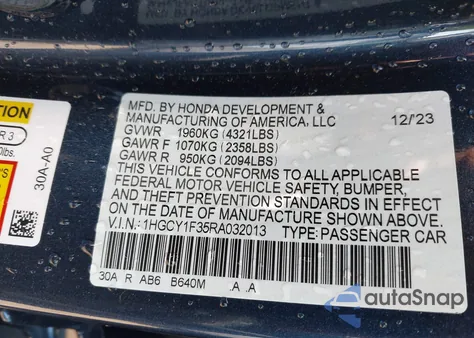 2024 Honda Accord Ex z USA, uszkodzony, nr VIN 1HGCY1F35RA032013